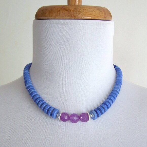 Sterling Silver MAGNESITE AMETHYST CHALCEDONY Necklace Heishi Choker Adjustable - Picture 15 of 16